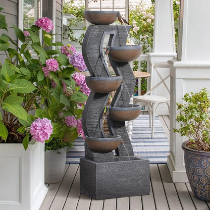 Takamota 52.8" Tall Outdoor Water Fountain with Lights, 6-Tier Cascading Resin Waterfall Feature for Porch, Garden, Yard, Deck, Patio – Large Freestanding Outdoor Fountain and Waterfall Outside Decor