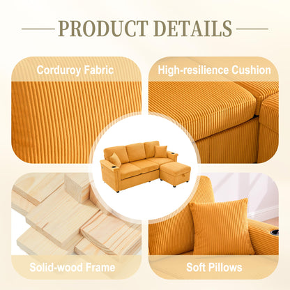 KEIKI 76" L-Shaped Modular Corduroy Sectional Sofa with Pull-Out Bed & 1 Movable Storage Ottoman & 2 Cup Holder & USB, Convertible 4-Seater Sleeper Couch Bed, Easy Assembly, for Living Room, Yellow