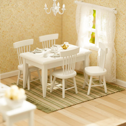 Miniature Dollhouse Dining Table and Chairs – Set 5pcs 1/12 Scale for Doll House, White Wooden Furniture Model, Mini Classic Decoration Accessories DIY Hobby Gift for Kitchen, Breakfast Room
