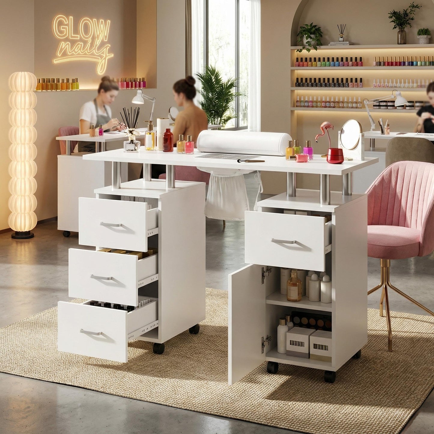 PeacefulHues Manicure Table Nail Desk, Nail Station with Electric Dust Collector, Wrist Rest and Storage Drawers Cabinet, Beauty Salon Workstation for Nail Tech, White