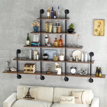 70" Industrial Pipe Shelving - 5 tier Rustic Solid Wood and Heavy Duty Metal Pipe Shelves for Wall,Kitchen Shelves Wall Mounted,Floating Bookshelf,Wall Shelves for Bathroom,Living Room,Coffee Bar