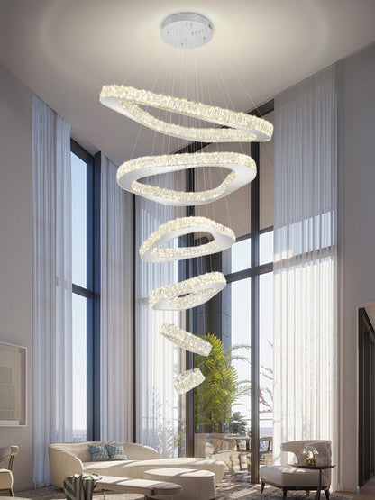 ykolupty H138 Modern Large Chandelier for High Ceiling 6-Rings Chandelier with LED Dimmable Crystal Ring Pendant Light High Ceiling Chandeliers for Living Room Foyer Entryway Silver Hanging Light