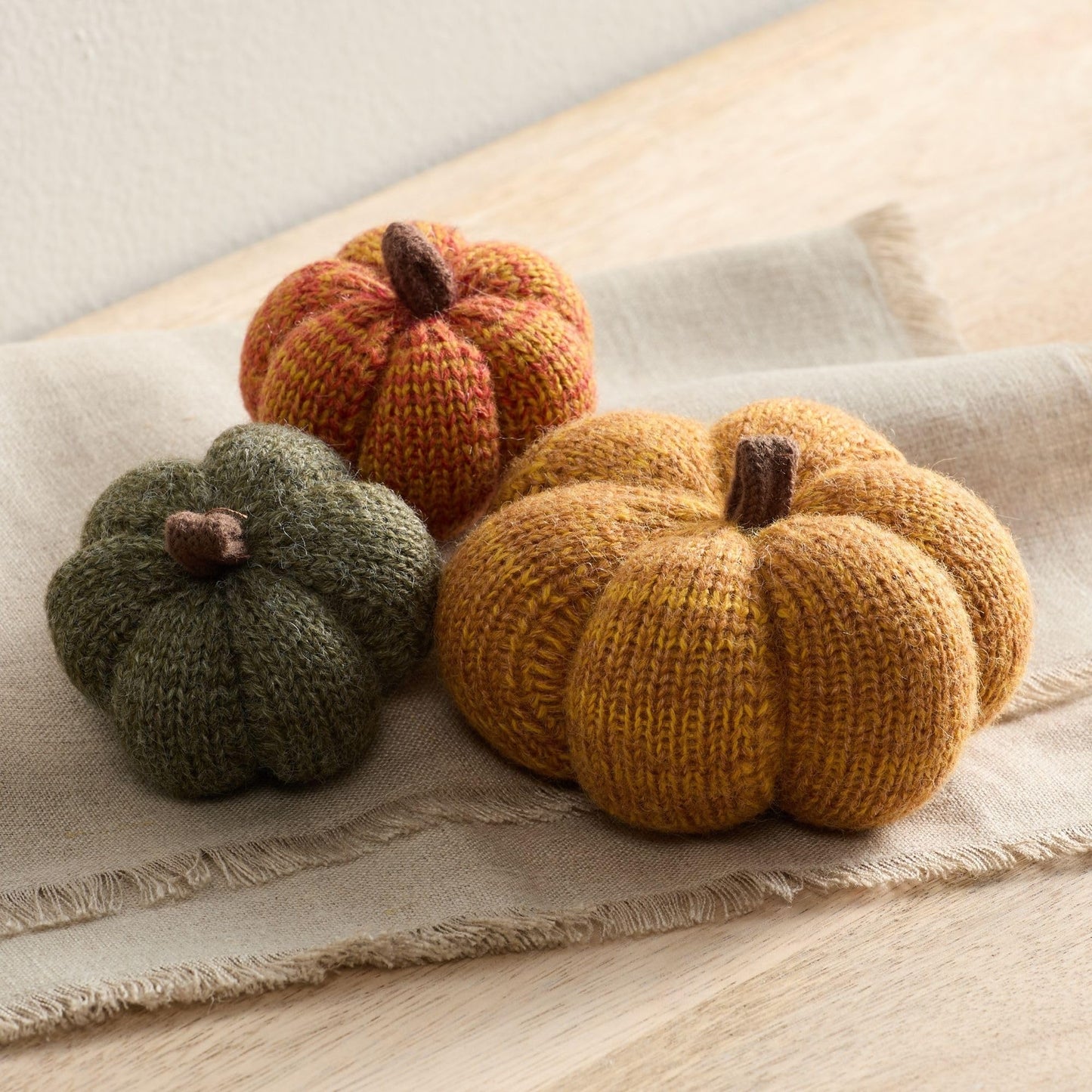 Your Heart's Content Set of 3 Cozy Mini Knit Pumpkins, Warm Green Gold Fall Table top décor, Soft Autumn Home Accents, Thanksgiving Table Setting (Marigold Multi-Size Set)