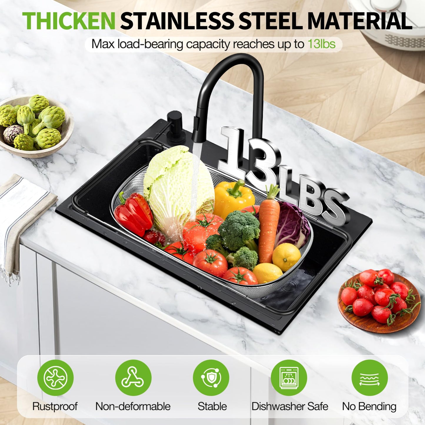 FirstE Over the Sink Colander Strainer Basket 6 Quart, Fine Mesh Stainless Steel Colander with Expandable Anti-slip Rubber Grip Handles, Kitchen Sink Vegetable Strainer for Drain Pasta, Rinse Fruits