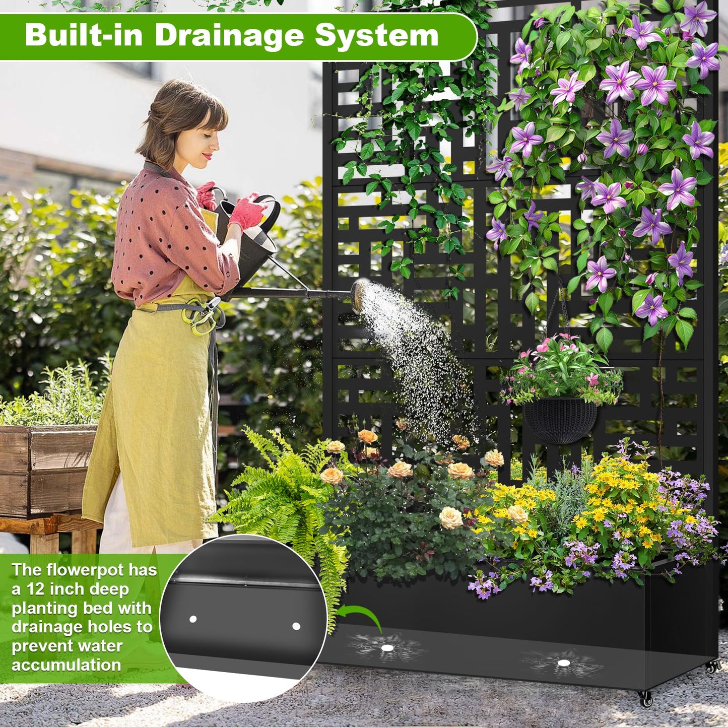 Meyoppm 72"x47"x16" Metal Planter Box with Trellis, Galvanized Steel Raised Garden Bed with Lockable Casters & Drainage Holes, Outdoor Large Planter Box for Climbing Plants, Vegetables & Flowers