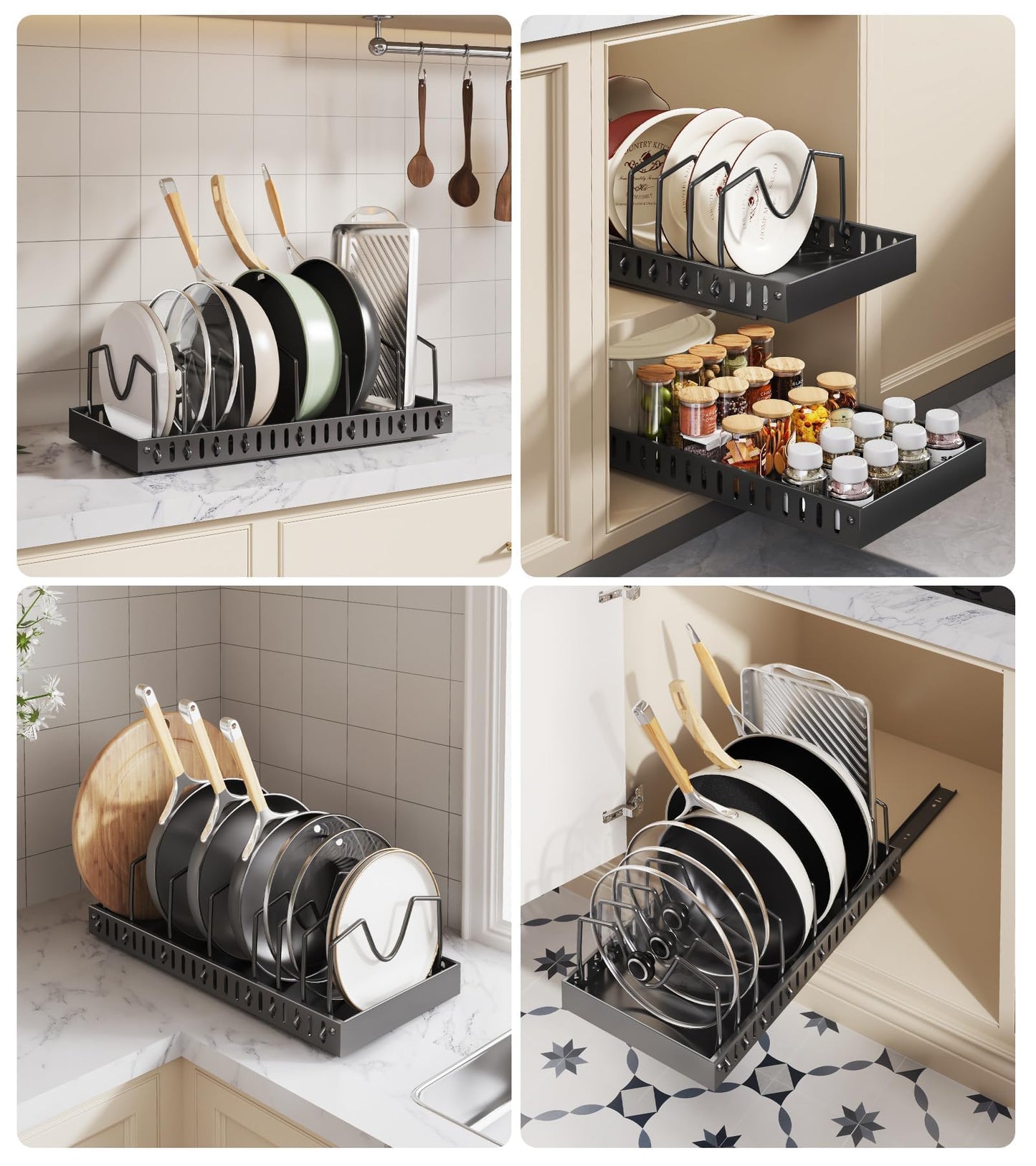 Lozovin Pull Out Pots and Pans Organizer Under Cabinet, Sliding Lid Holder and Pan Rack in Kitchen, Slide Out Inside Cabinet Storage for Pot Lid, Bakeware, Dishes, 8 Adjustable Dividers, 2 Pack Black