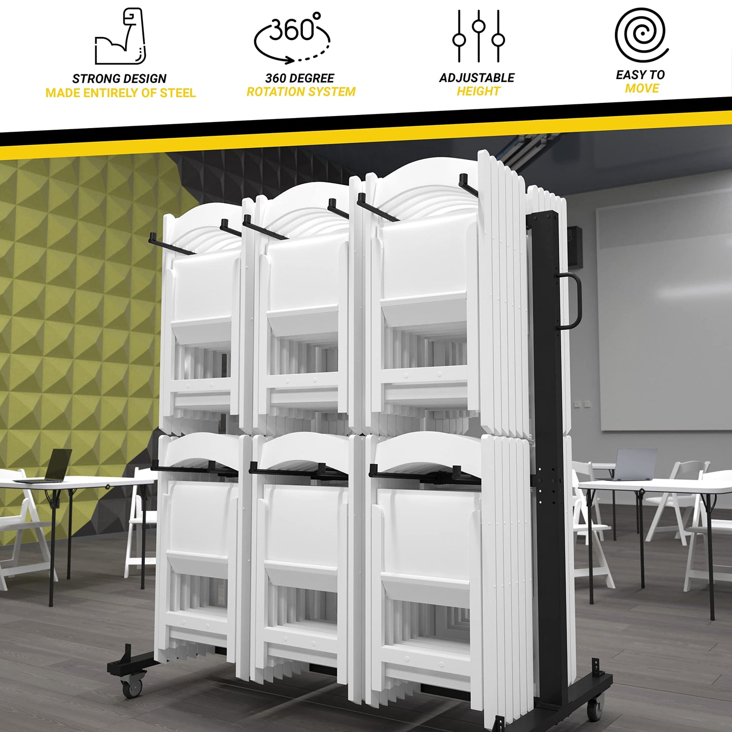 UPGORILO Double-Row Chair Rack with 72 Commercial Grade White Resin Folding Chairs