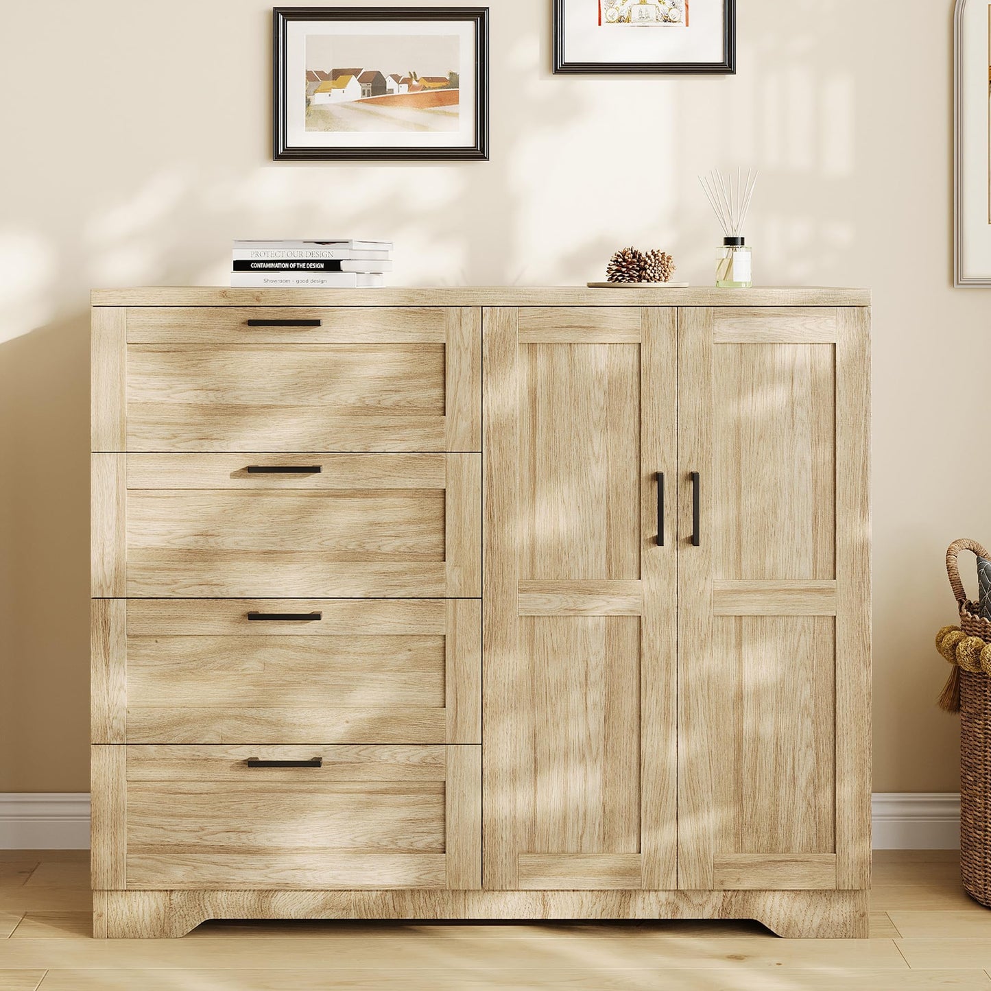 GarveeHome Multifunctional Wooden Dresser for Bedroom, 43.3 in H 2 Door Wardrobe Armoire Closet with 4 Drawers and Hanging Rod, Low Storage Cabinet for Hanging Cloth, Natural Oak