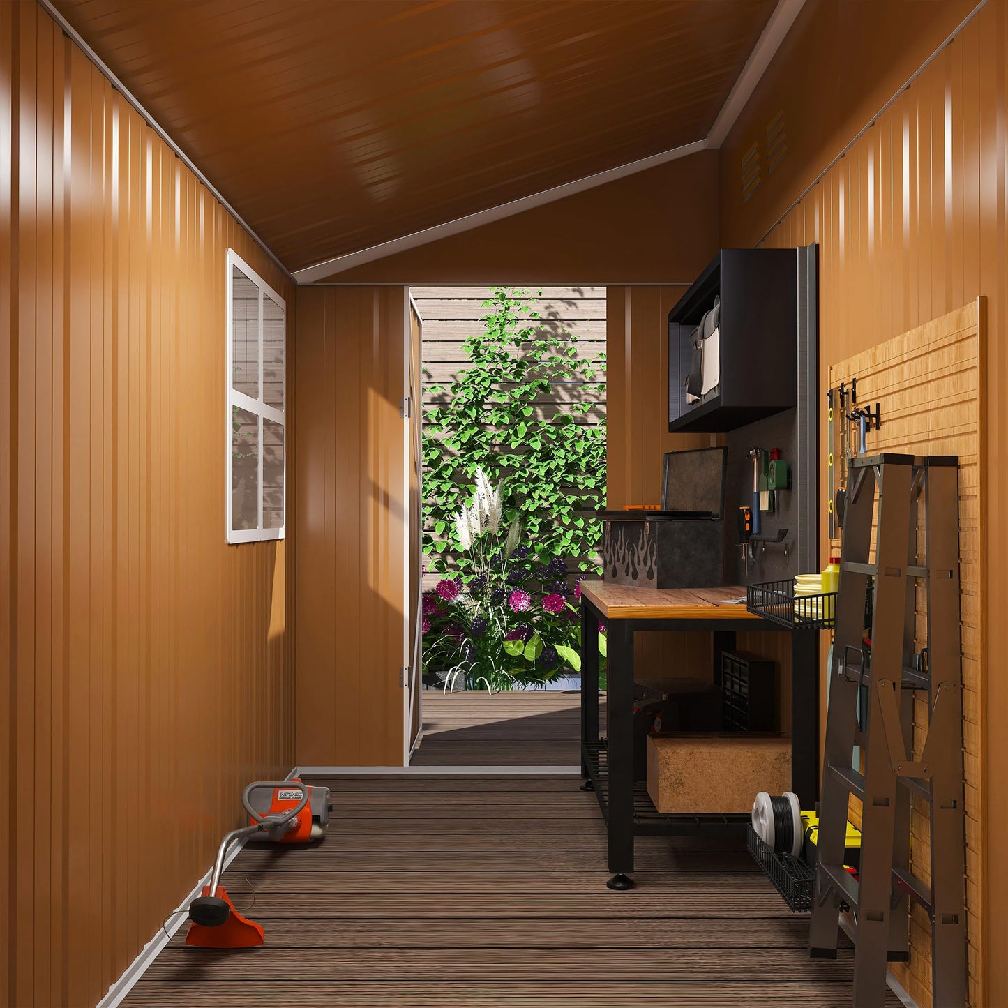 GDFStudio 8x4 FT Heavy-Duty Metal Storage Shed with Hinged Door, Windows & Ventilation, Weatherproof Galvanized Steel Outdoor Garden Shed for Backyard Lawn Patio Tool Storage, Brown, Without Floor