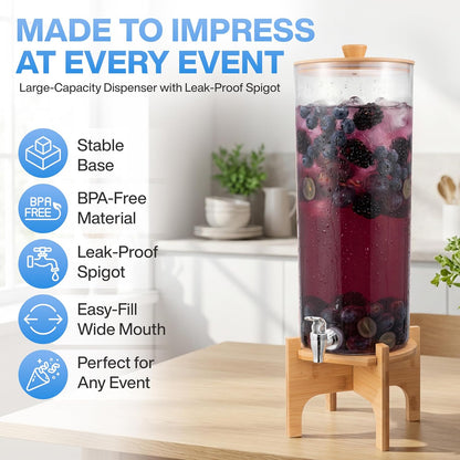 GRAXON (2.5 Counter Drink Dispenser with Bamboo Stand & Spigot Gallon) Large Plastic Beverage Dispenser for Parties