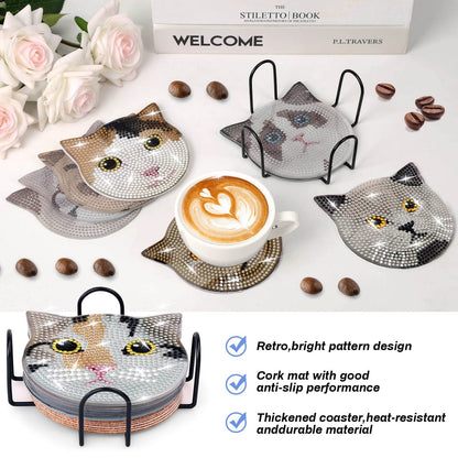 Billbotk 8 Pieces Diamond Painting Coasters Kit with Holder, Diamond Art Coasters, DIY Diamond Art Crafts Projects, Diamond Dot Kits for Adults and Beginners(Cat Style)