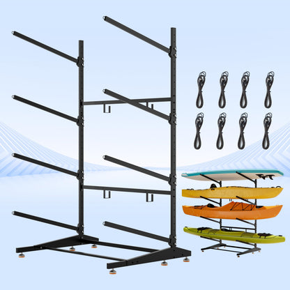 AlloyLake 4-Tier Freestanding Kayak Rack, Pro-Grade Heavy Duty Outdoor Storage for 4 Boats, 440 lbs Max Capacity, Rust-Proof 304 Stainless Steel Hardware (Black)