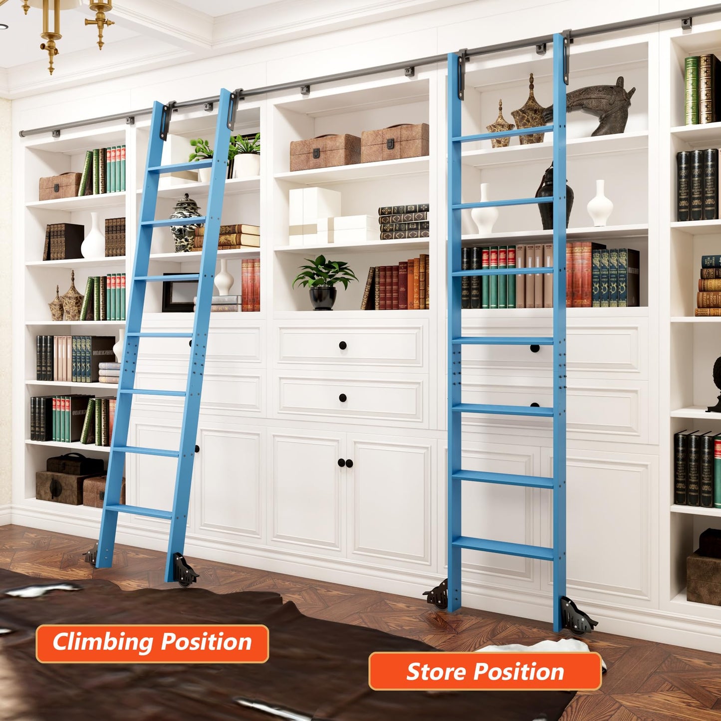 DIYHD 96" Sliding Library Ladder with 8 Steps, Telescopic Top Hook, Lightweight Rolling Ladder with Upright Space-Saving Storage, Kit with 4FT Sliding Rail, Bottom Rollers, 300lbs Capacity, Blue