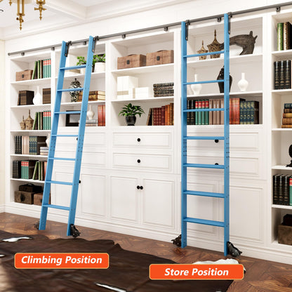 DIYHD 96" Sliding Library Ladder with 8 Steps, Telescopic Top Hook, Lightweight Rolling Ladder with Upright Space-Saving Storage, Kit with 4FT Sliding Rail, Bottom Rollers, 300lbs Capacity, Blue