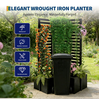 3-in-1 Privacy Fence Screen with Planter Boxes, 51x70x31 Inch Outdoor Metal Room Divider & Garden Partition, Freestanding Backyard/Patio/Deck Privacy Screen with 4 Self-Watering Raised Garden Beds, Bl
