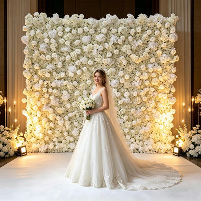 5D White Realistic Rose wall Backdrop, 8×8ft,Artificial Flower wall Panel. Easy to Install and Store, Reusable. Perfect for Weddings, Birthday Parties, and Home Decoration. Withouf Stand