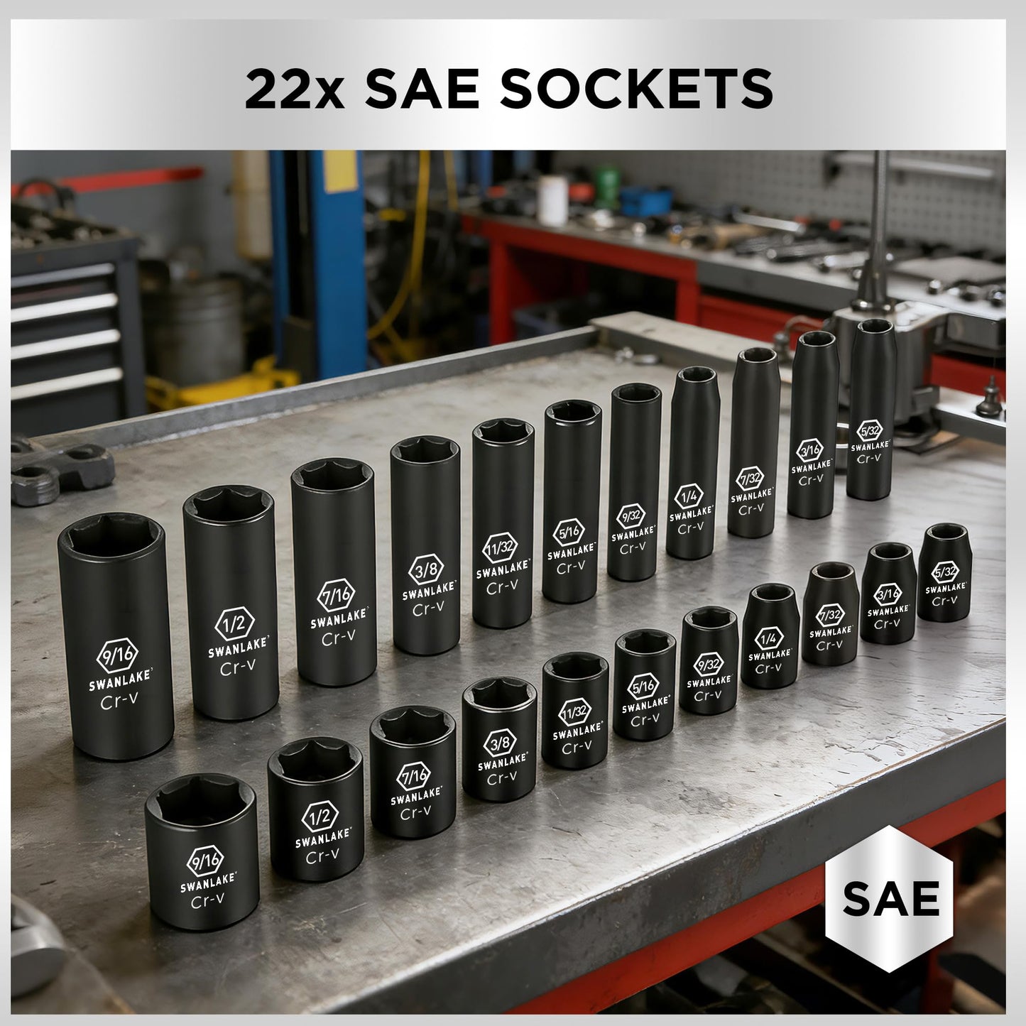 SWANLAKE 1/4" Drive Impact Socket Set, 56-Piece Standard SAE (5/32 to 9/16 inch) and Metric (4-15mm) Size, 6 Point, Cr-V, 1/4-Inch Drive Ratchet Handle, Drive Extension Bar, Impact Universal Joint