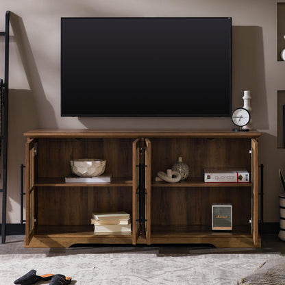 Walker Edison Farmhouse Barn Glass Door Wood Universal TV Stand for TV's up to 64" Flat Screen Living Room Storage Cabinet Doors and Shelves Entertainment Center, 58 Inch, Rustic Oak
