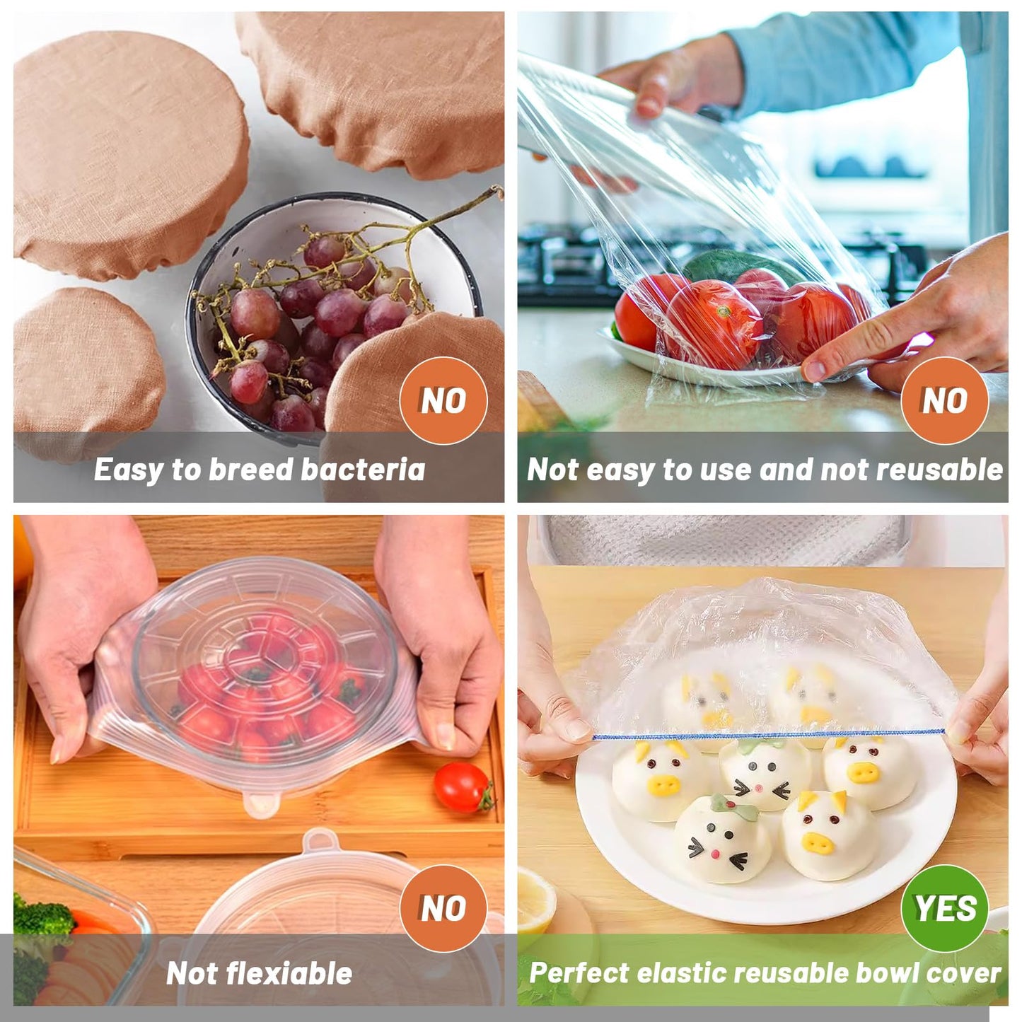 Sublaga 200Pcs Reusable Plastic Bowl Covers - 5 Sizes With Elastic, Food Grade Safe Material