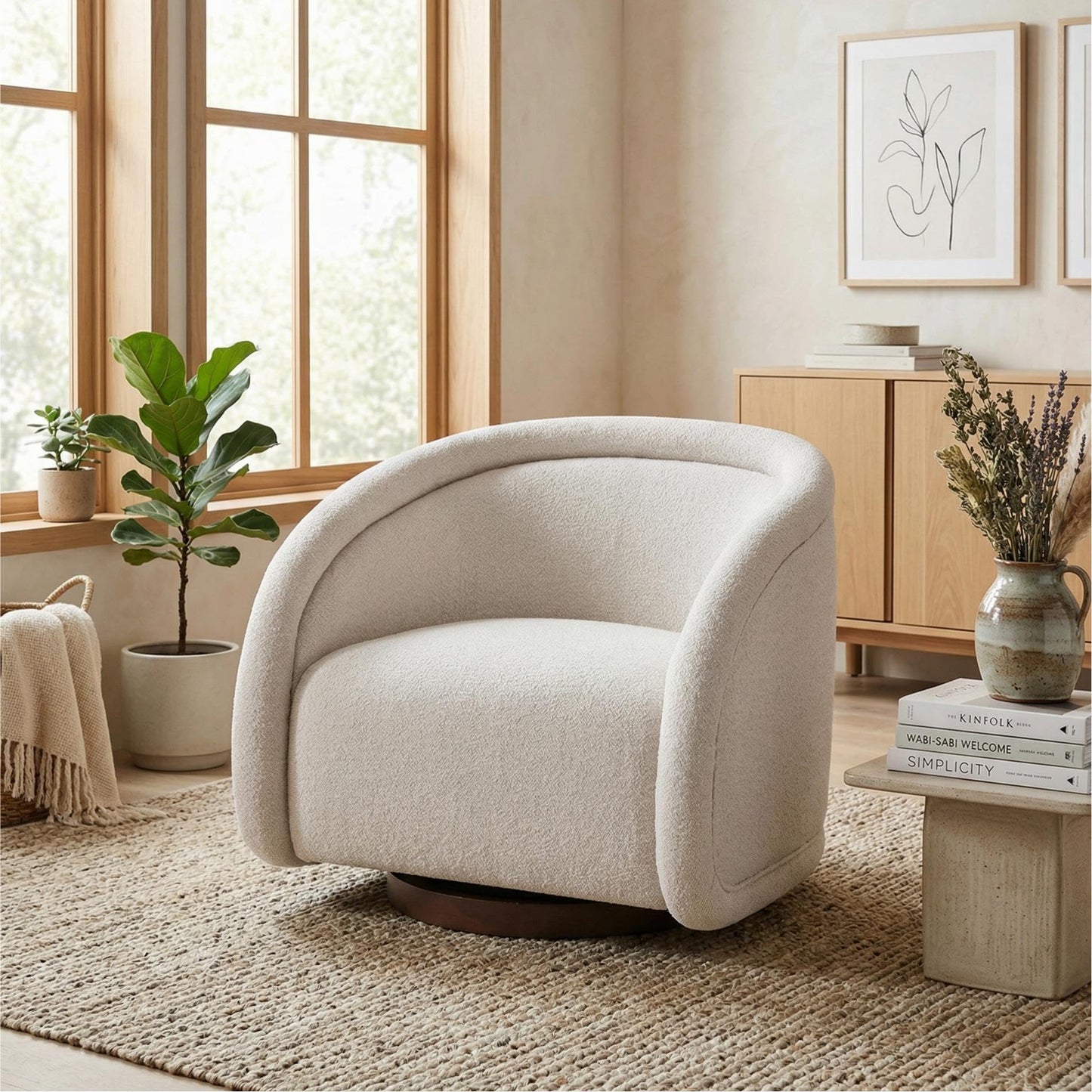 Christopher Knight Home Sabbo Swivel Chair with Solid Wood Base, Comfy Swivel Accent Chair with Curved Design, Boucle Upholstered Lounge Sofa Chair for Living Room/Bedroom, Beige + Walnut