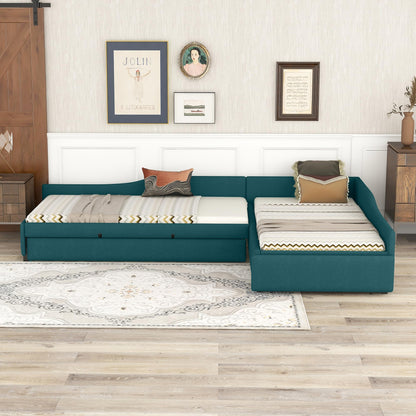 Merax Double Twin Size Upholstered Daybed with Trundle and Storage Drawer, Green Wood Bed Frame for Teens