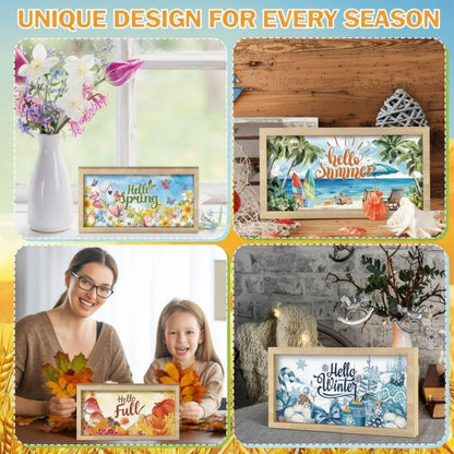 RattanView 25 Pcs 9.7 x 4.8" Interchangeable Seasonal Decor Holiday Sign Wooden Desk Table Decor Interchangeable Welcome Sign with Wooden Frame Wreaths for Summer Office Home Rustic Tiered Tray