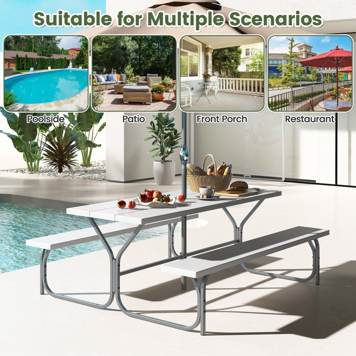 Giantex Picnic Table 6FT for 8 Person, Outdoor Table Set w/ 2 Benches, All-Weather HDPE Rectangular Tabletop, Heavy Duty Metal Legs, Umbrella Hole, for Patio Yard Lawn Party (White)