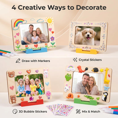 YOJO 12 Pack DIY Unfinished Wooden Picture Frame Kit, Mini Photo Frames with 12 Markers, Stickers, Magnetic Sheets, Stands & Clips for Fridge, Car Sun Visor & Desktop Decor, Creative Gift Set for Mother's Day Birthday Wedding