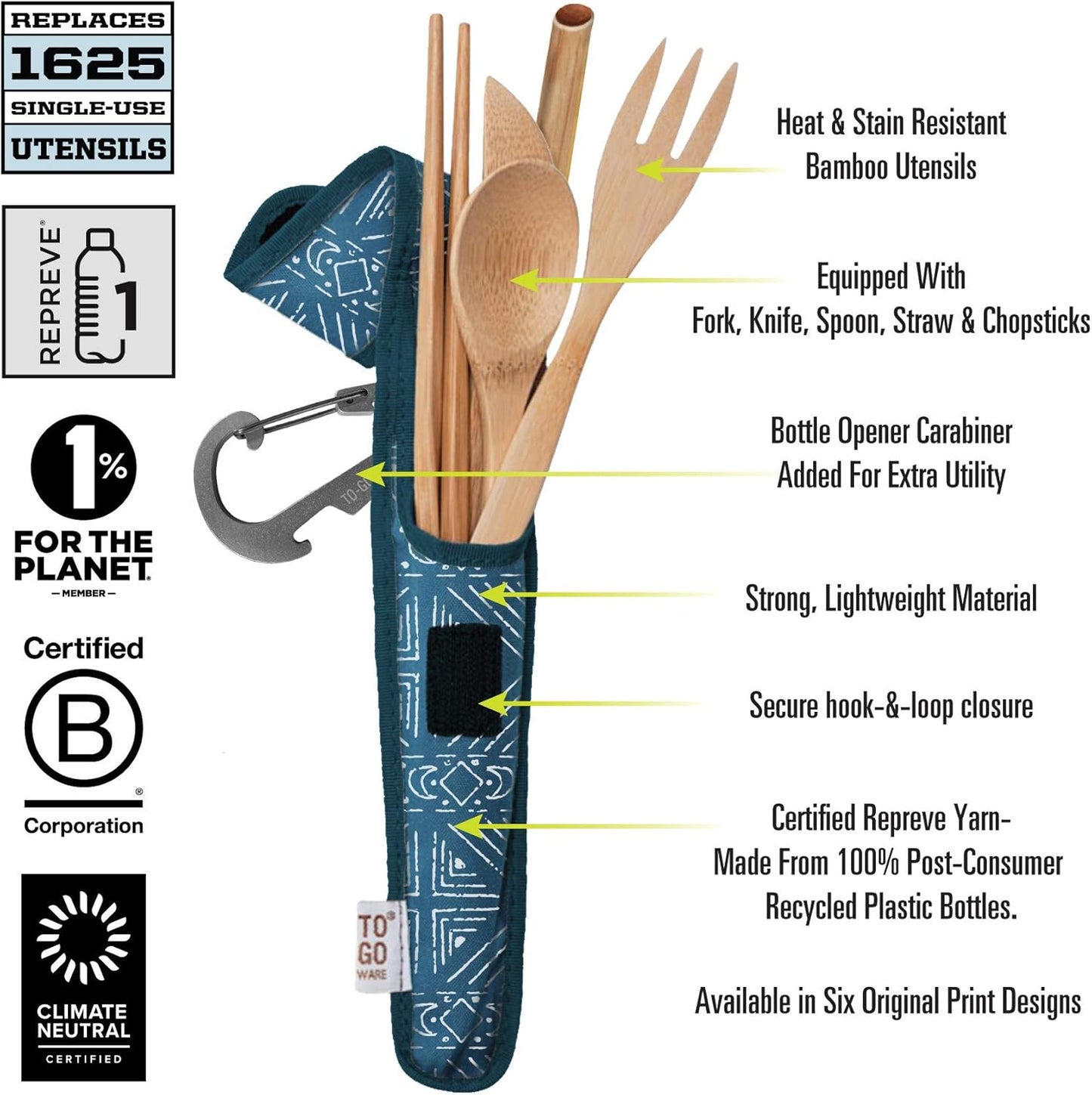 Premium Reusable Bamboo Utensil Travel Set, Eco-Conscious Blue Topo Includes Fork, Knife, Spoon, Chopsticks