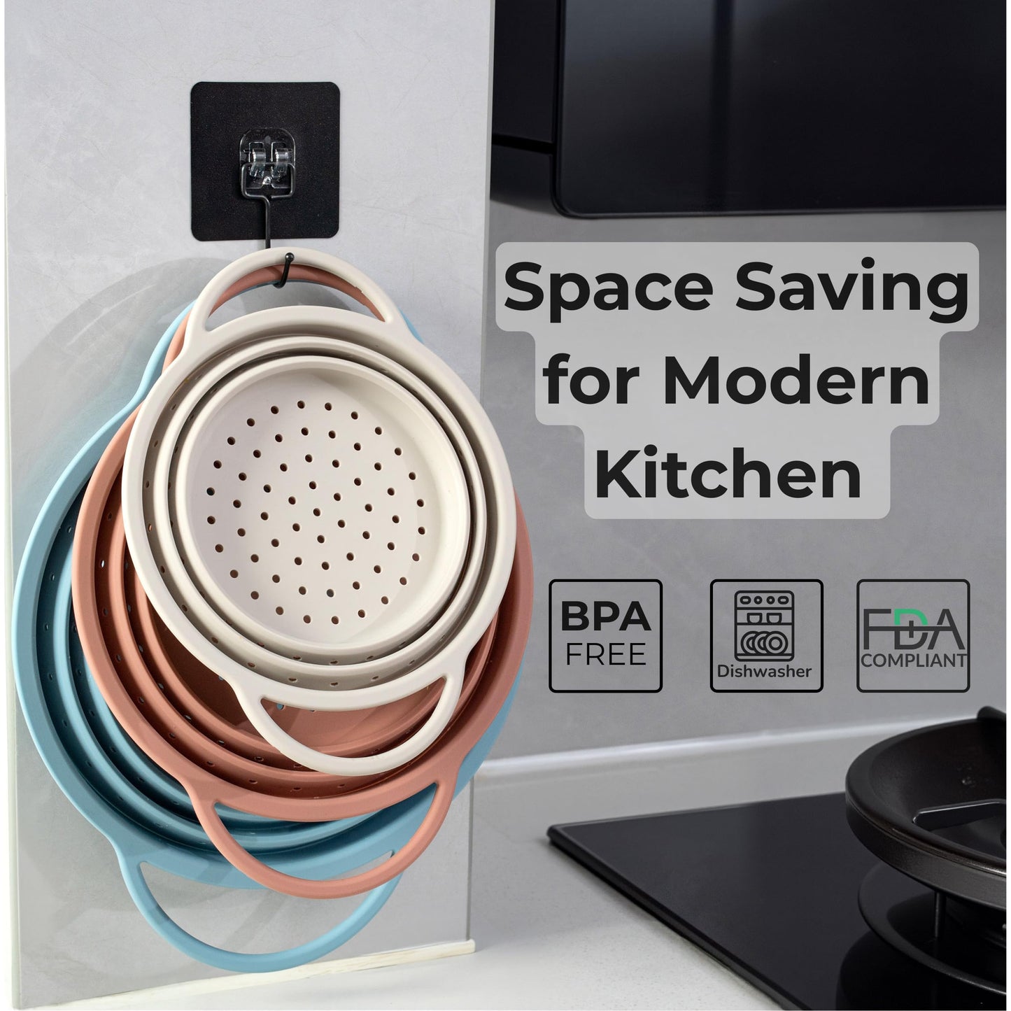 Silicone Colander Set – Collapsible Platinum Silicone Strainer with Stainless Steel Rim, Space-Saving & Heat-Resistant, Dishwasher Safe, BPA-Free by SelectShen™ (3 Pack)
