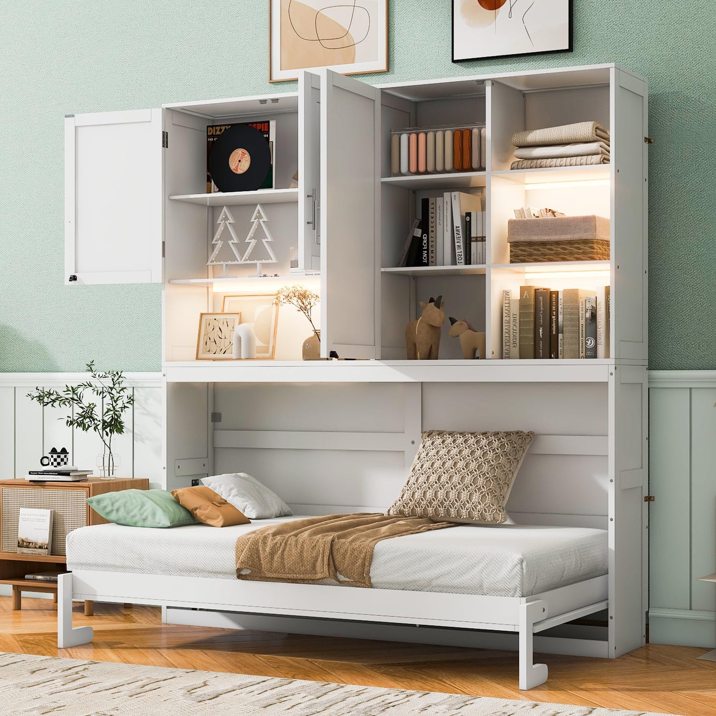 Ball & Cast Twin Size Murphy Bed,Foldable Wall Bed with Top Cabinet,Storage Shelves,Hidden Cabinet Bed Frame with Led Light and USB Port for Bedroom,Guest Room,Space Saving,No Box Spring Needed,White