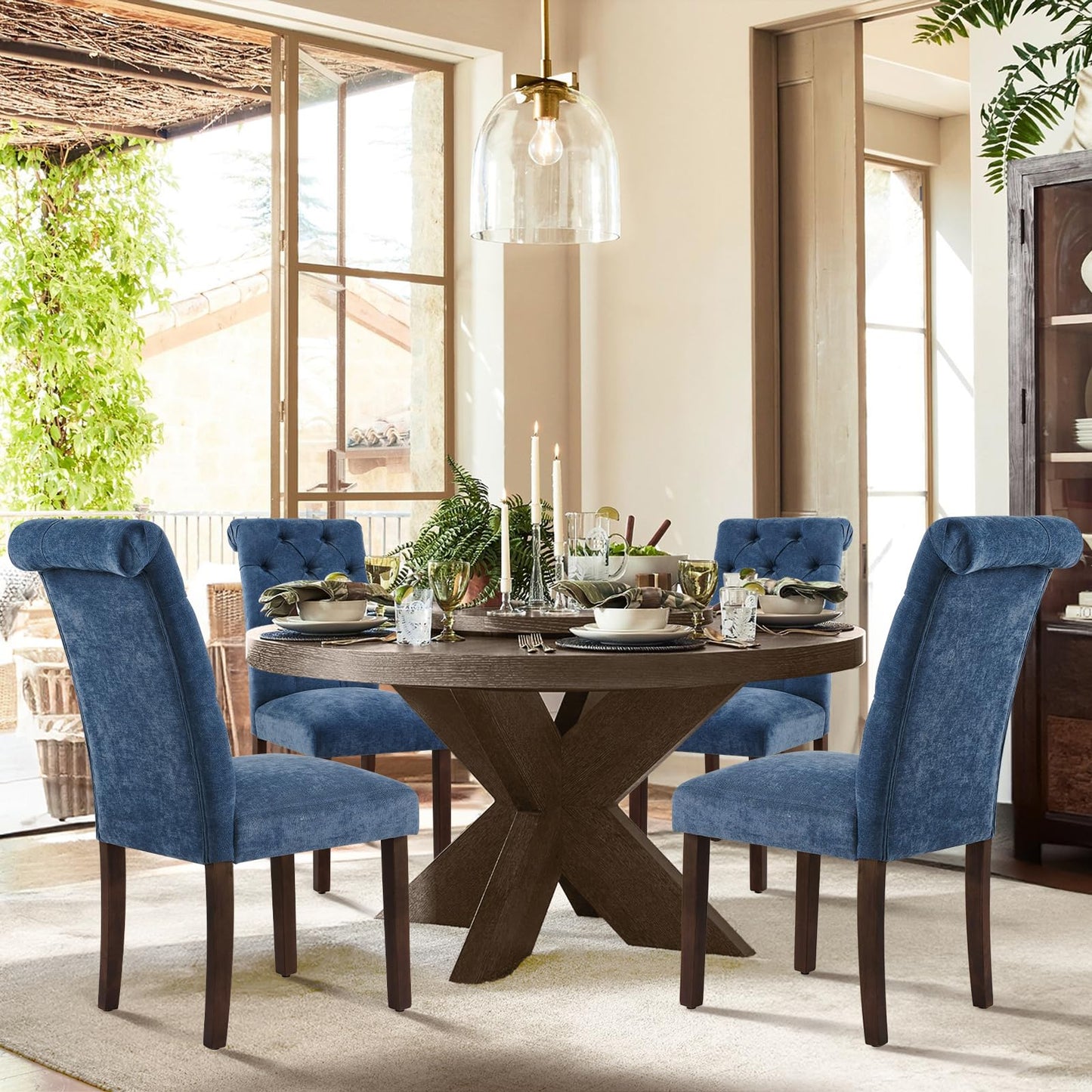 COLAMY Button Tufted Dining Chairs Set of 6, Parsons Upholstered Fabric Dining Room Chair Kitchen Chairs with Wood Legs and Padded Seat, Blue