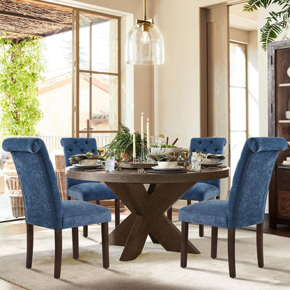 COLAMY Button Tufted Dining Chairs Set of 6, Parsons Upholstered Fabric Dining Room Chair Kitchen Chairs with Wood Legs and Padded Seat, Blue
