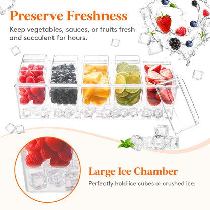 Lifewit Ice Chilled Condiment Caddy with 5x 20 oz Containers, Condiment Server with Lid & Metal Accessories, Serving Tray Platter with Removable Dishes for Bar, Fruit, Salad, Taco, Party Garnish