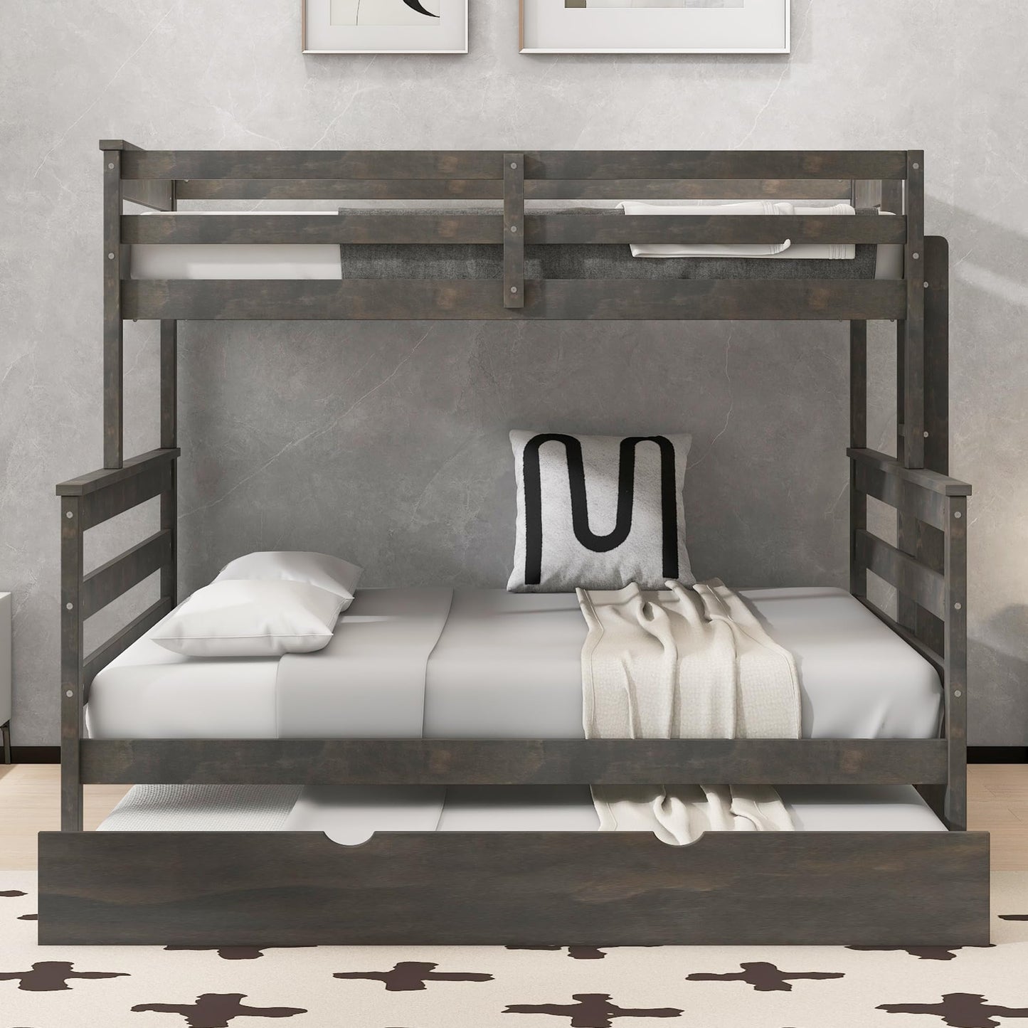 Merax Twin XL Over Queen Bunk Bed Wood Detachable Bunk Bed with Trundle & Ladder, Multifunction Bunk Bed,Can be Separated into 3 Beds, No Box Spring Needed,Space Saving,Gray