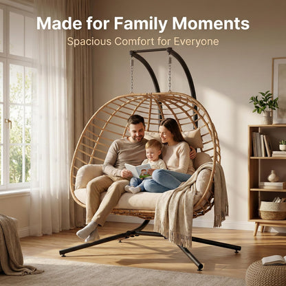 SWITTE Double Hanging Egg Chair with Stand, Outdoor Patio 2 Person Wicker Hammock Swing Chairs with Cushion Loveseat for Indoor Bedroom, Lawn, Garden-Beige