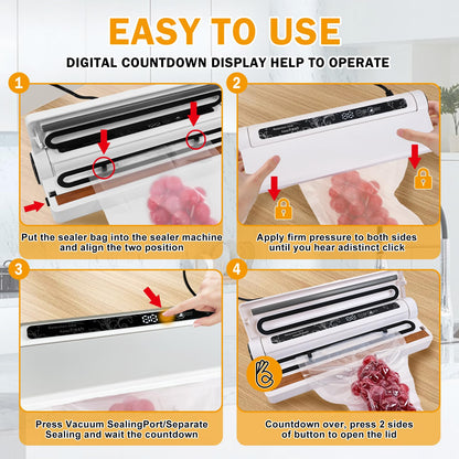 Vacuum Sealer Machine for Food, 75KPA Strong Suction, Moist/Dry Modes, 20 Vacuum Seal Bags for Food, Digital Countdown Timer, Compact Lightweight,with Starter Kits(White)