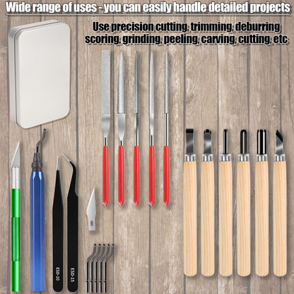Miluosong 25pcs Precisio with Deburring Tool, Craft Knife,hand File,Carving Knife Suitable for sanding, carving, modeling, cutting, scraping,3D Printing Deburring kit