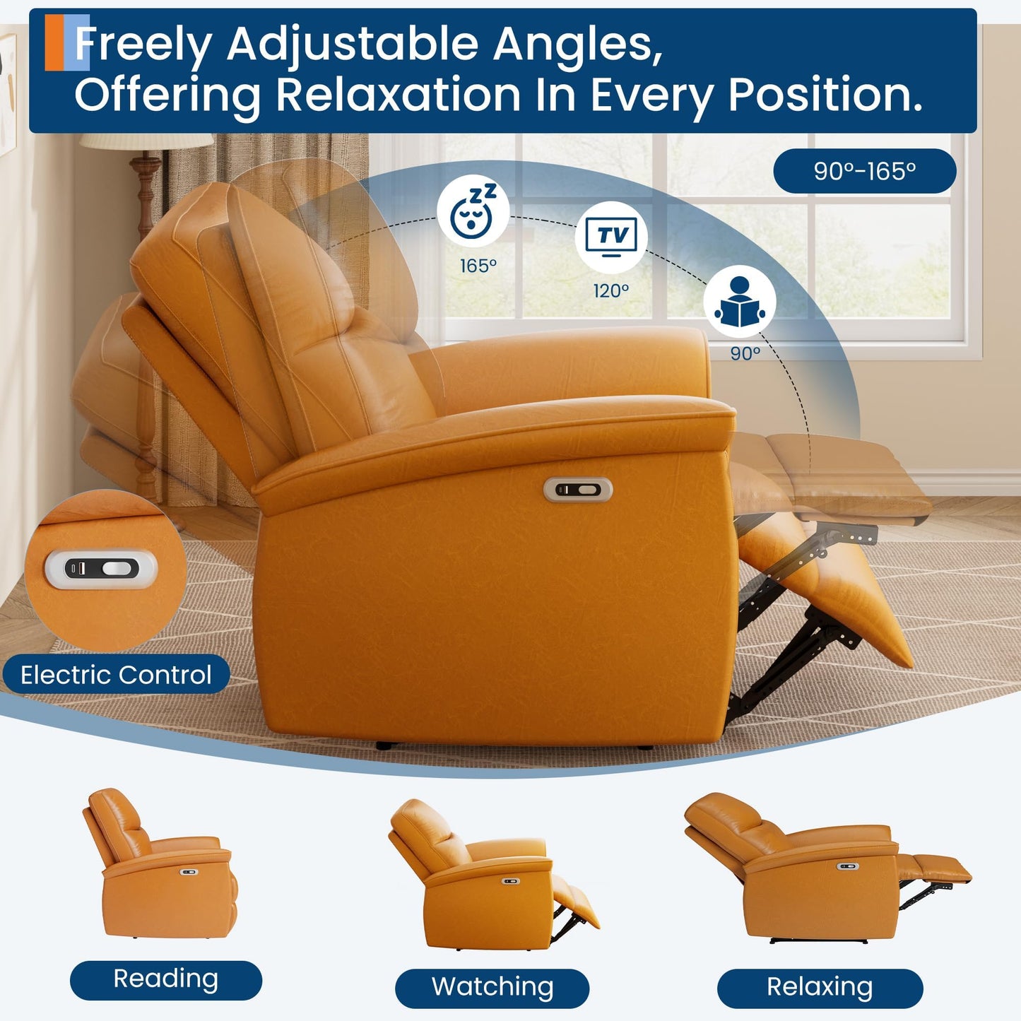 GarveeHome Recliner Chair, 360° Swivel Rocker Glider Nursery Chair with Padded Armrest and Deep Seat, PU Leather Upholstered Reclining Sofa Chair for Living Room, Bedroom and Nursery (Vibrant Orange)