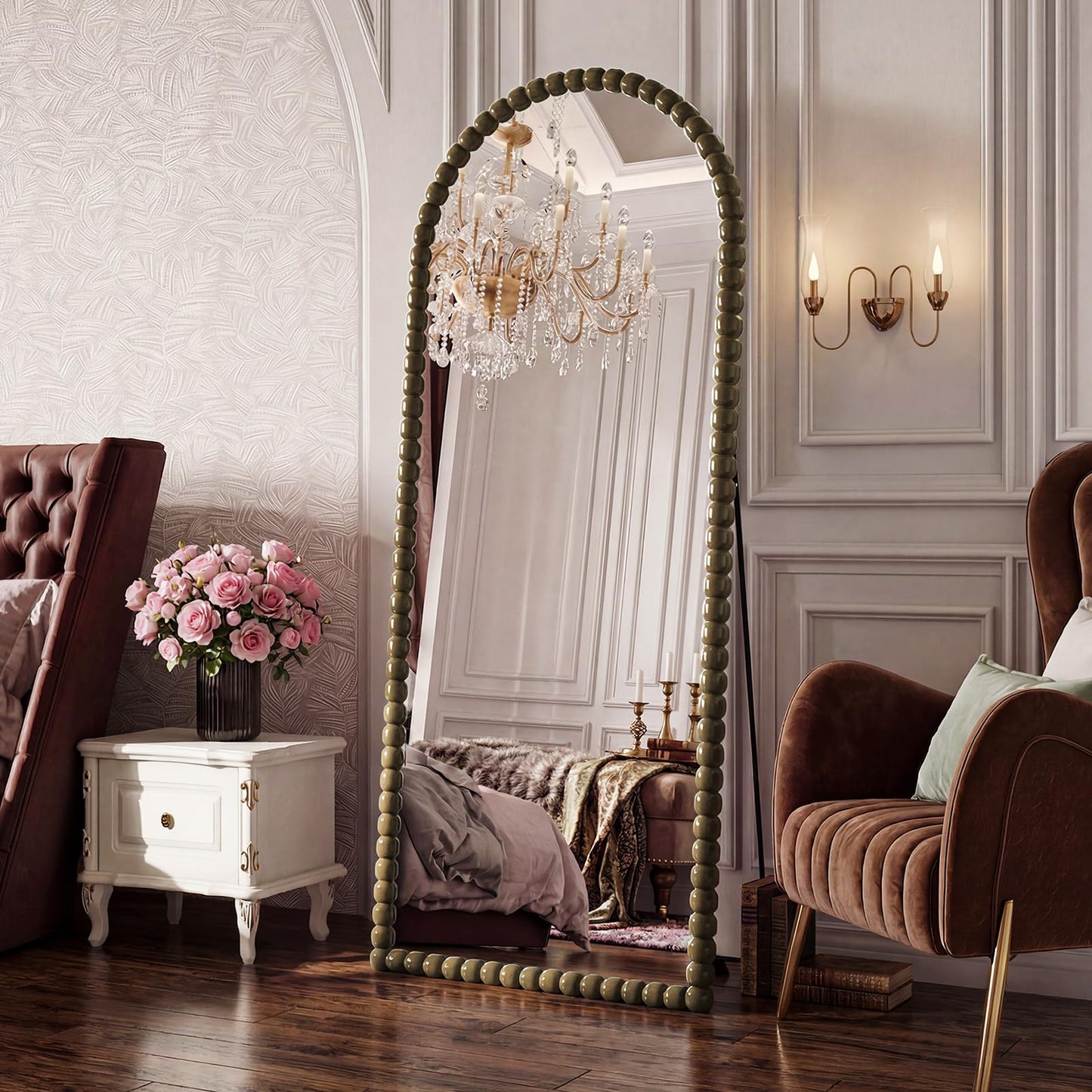 FlyEcho Arched Full Length Mirror, 71"x28" Antique Beaded Full Body Mirrors, Large Floor Mirror with Stand, Hanging Mounted for Bedroom Living Room Cloakroom Hallway Decor, PU Frame, Bronze