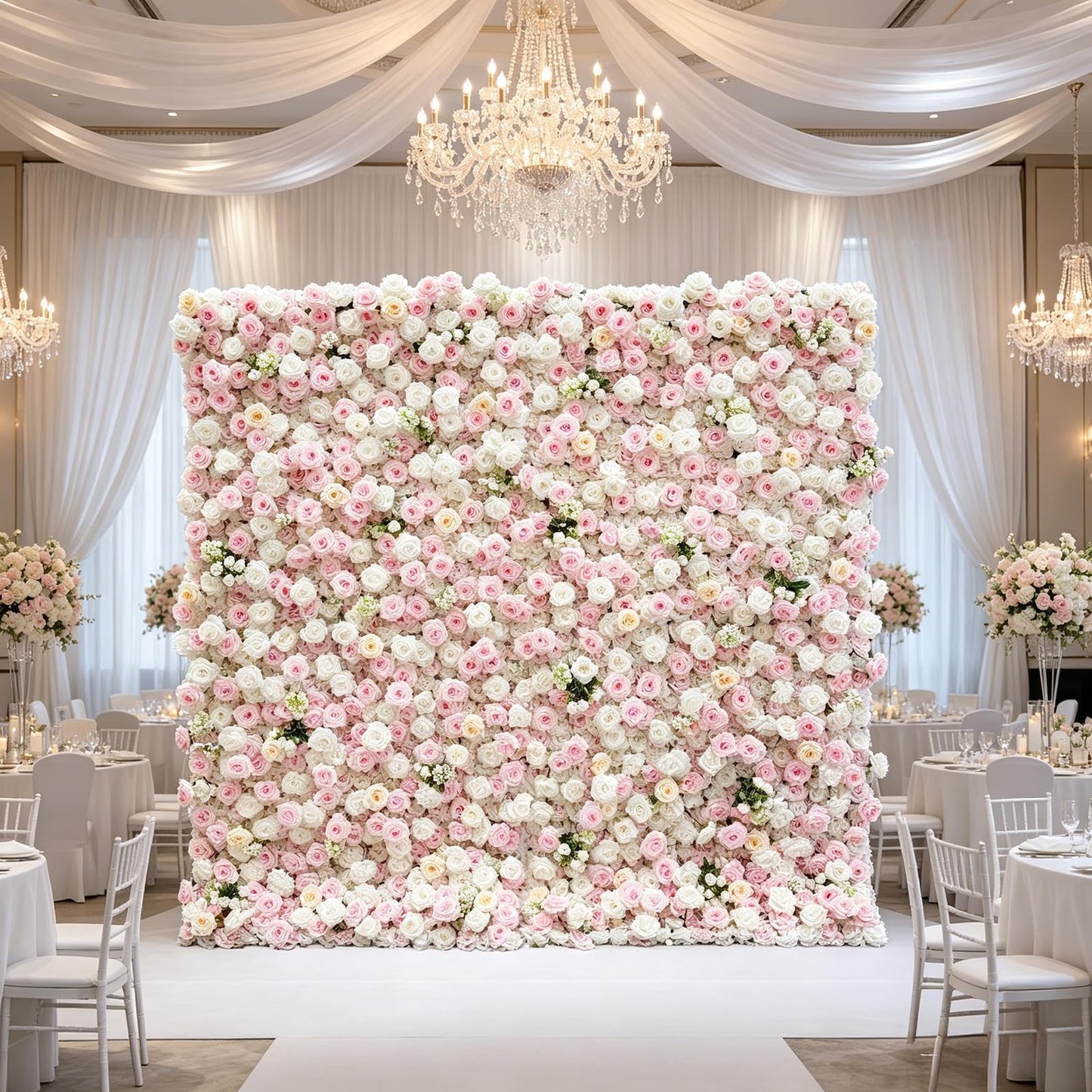 5D Artificial Silk Rose Flower Wall Backdrop, Pink and White Floral Wall, 8×8 Ft, Easy to Install and Store, Reusable, Perfect for Weddings, Birthday Parties, Garden and Home Decor, Without Stand