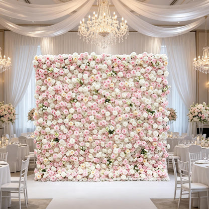 5D Artificial Silk Rose Flower Wall Backdrop, Pink and White Floral Wall, 8×8 Ft, Easy to Install and Store, Reusable, Perfect for Weddings, Birthday Parties, Garden and Home Decor, Without Stand