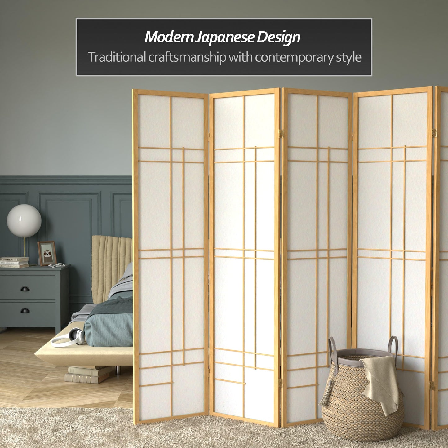 Red Lantern 6 ft. Tall Eudes Shoji Screen - Natural - 5 Panels