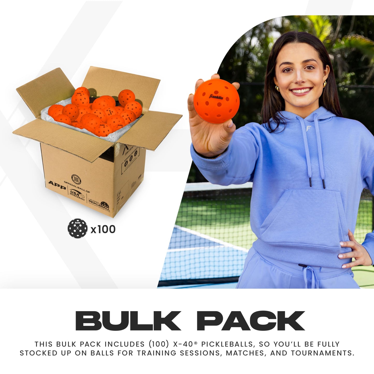Franklin Sports X-40 Pickleballs - Outdoor Pickleballs - 100 Pack Bulk - USA Pickleball Approved - Ember - Official Ball of US Open Pickleball Championships