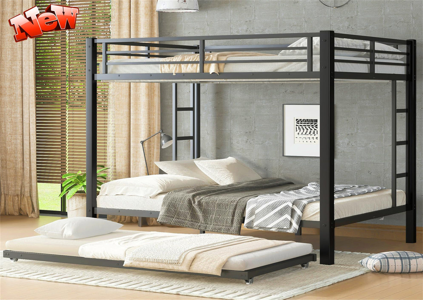 STERXONE Upgraded Version Thicken Metal Heavy Duty Queen Over Queen Bunk Bed with Twin Size Trundle, Stronger Steel Bunk Bed with Ladder for Adults, Easy Assembly (Queen Over Queen)