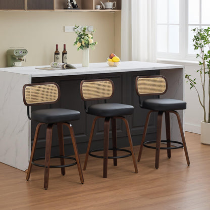 KEIKI Set of 3 Counter Height Bar Stools - 26 inch Rattan Counter Height Stools with Cane Back, Upholstered Seat, Walnut Craftsmanship, Swivel Counter Stools for Kitchen/Counter/Bar, Walnut, Black