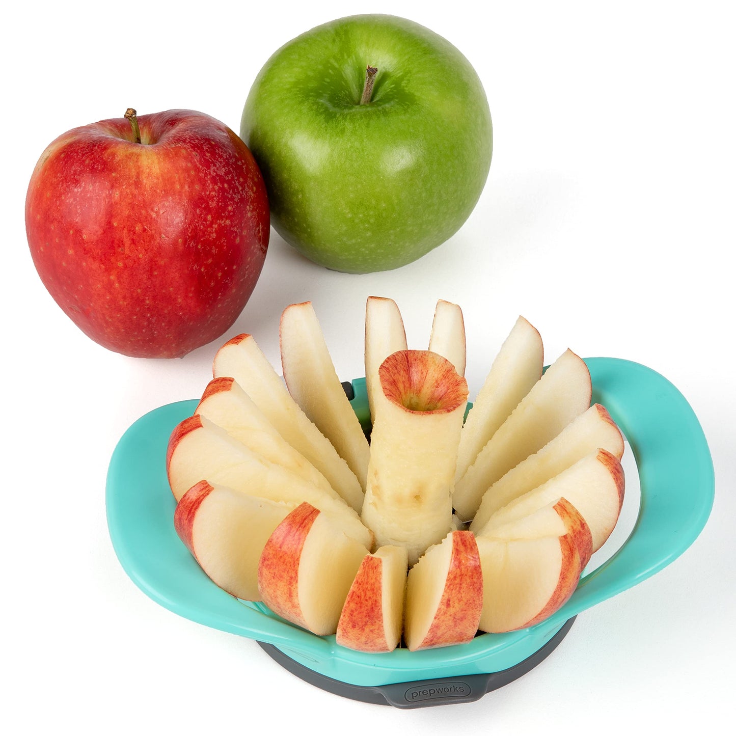 PrepWorks by Progressive Dishwasher Safe 16-Slice Thin Apple Slicer and Corer with Attached Safety Cover (Turquoise)