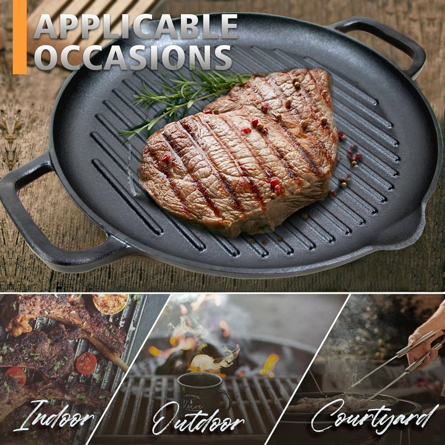 Cast Iron Grill Pan, 12.6 inch Griddle Pan with Dual Handles, Pre-Seasoned Heavy-Duty Cast Iron Skillet for Stovetop, Oven, Indoor & Outdoor BBQ Use