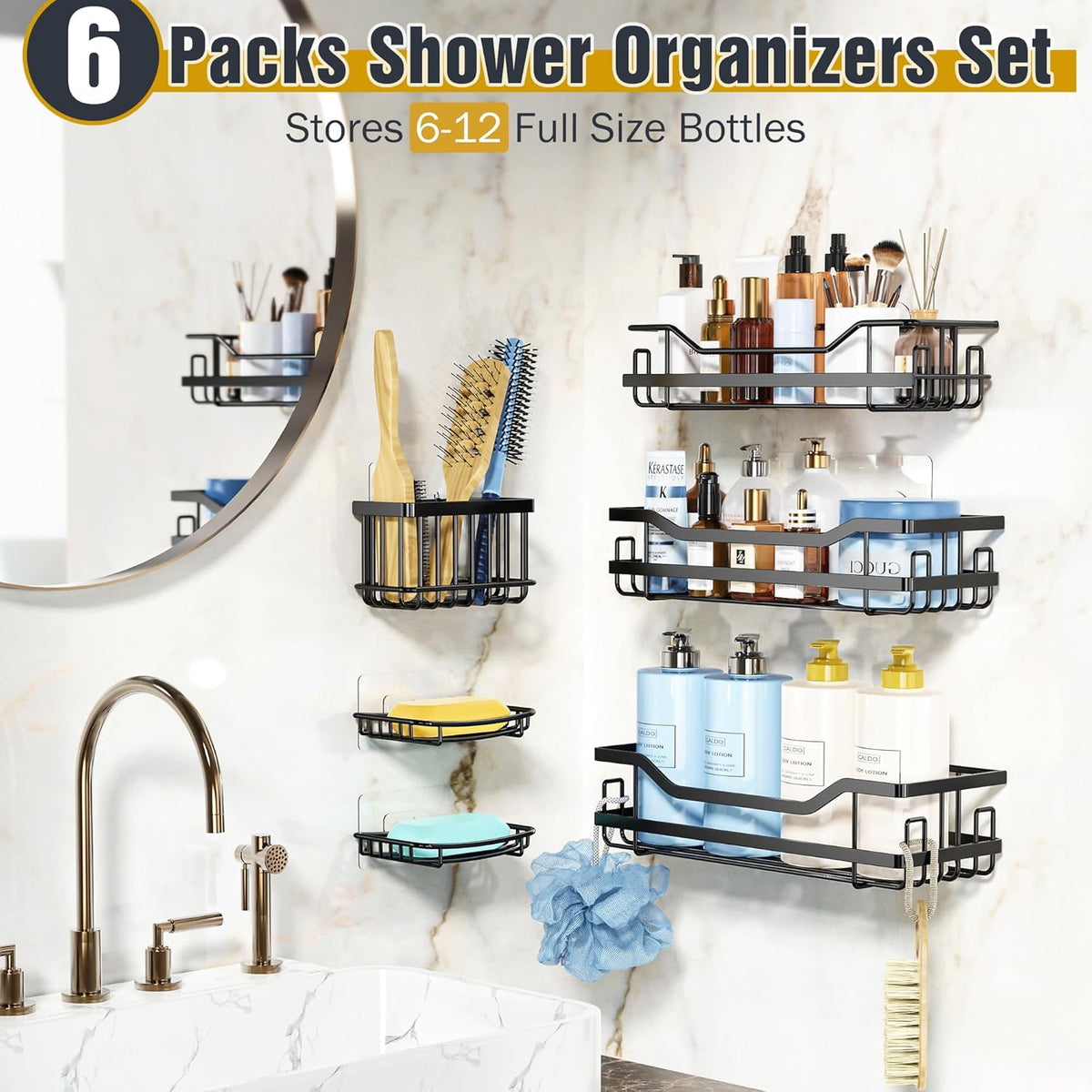 OMAIRA Shower Caddy - 5-Pack No-Drill Rustproof Organizer with Soap Holder | X-Large Black for Smooth Walls