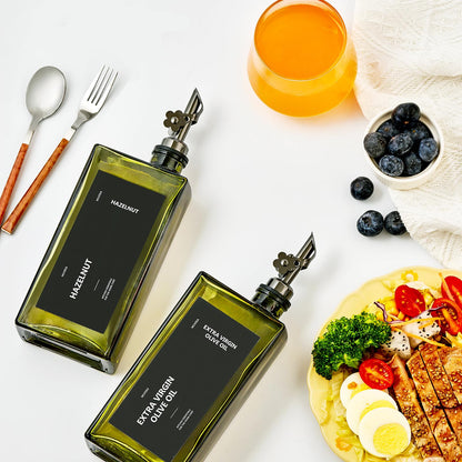 MUVEKA Olive Oil Dispenser Bottle for Kitchen, 16.9oz /500ml Cooking Vinegar Dispenser Bottle Set, Glass Sauce Container, Labels, Brush, Funnel, Stoppers, Green for Oil, Wine